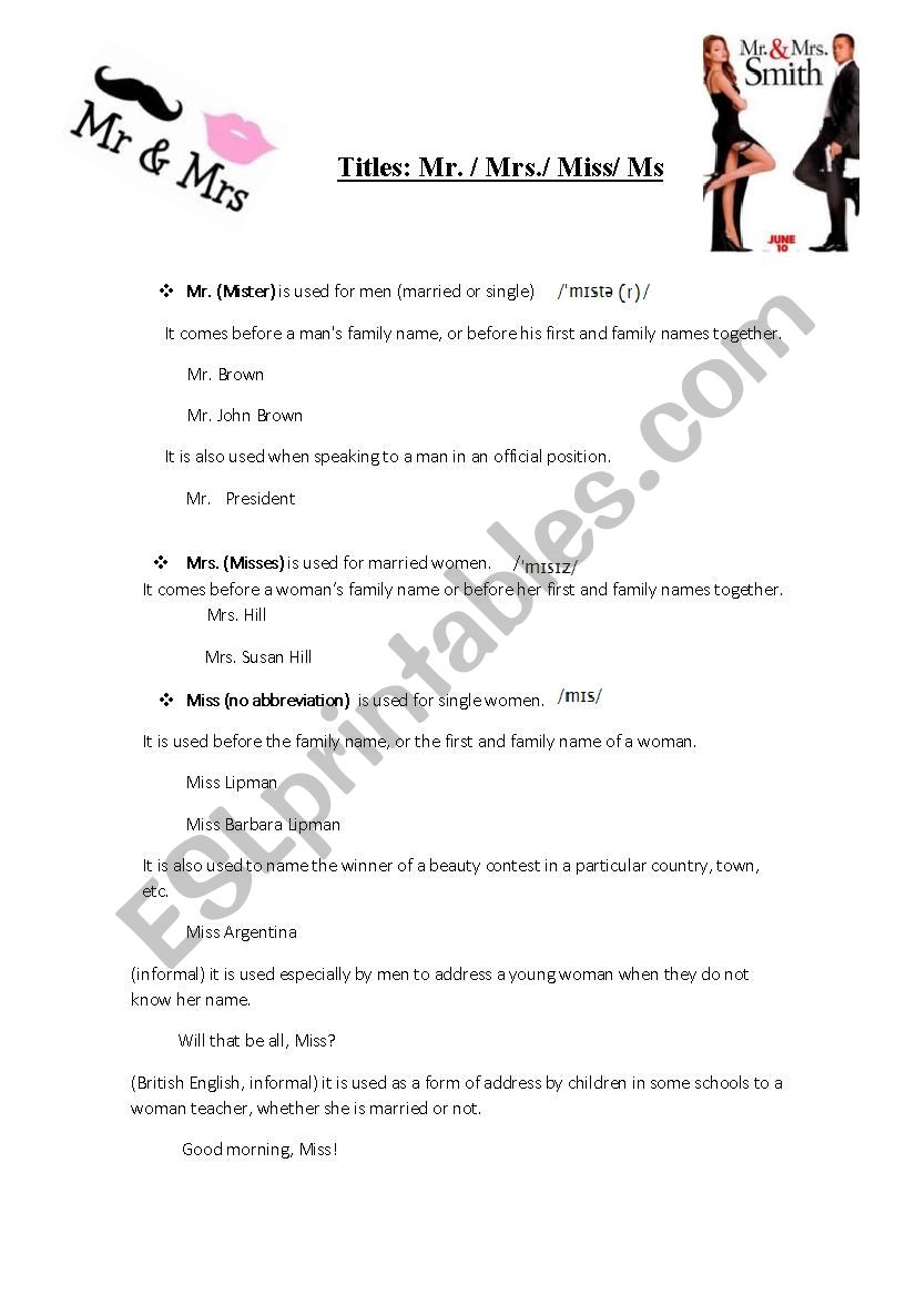 Mr. Mrs. Miss or Ms ?  worksheet