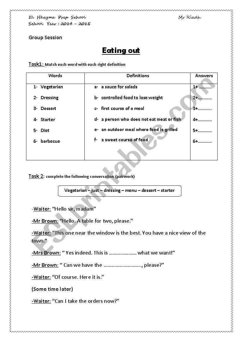 Eating out group session worksheet