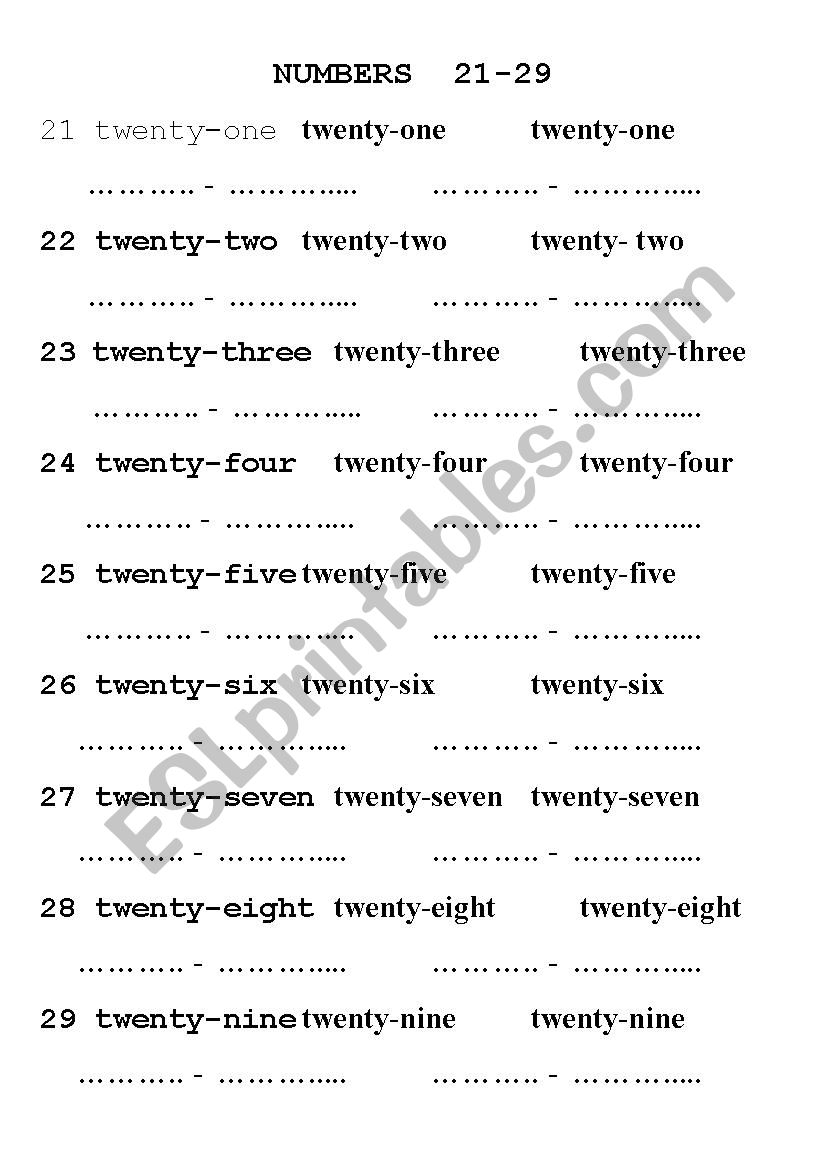 Numbers 21-29 worksheet