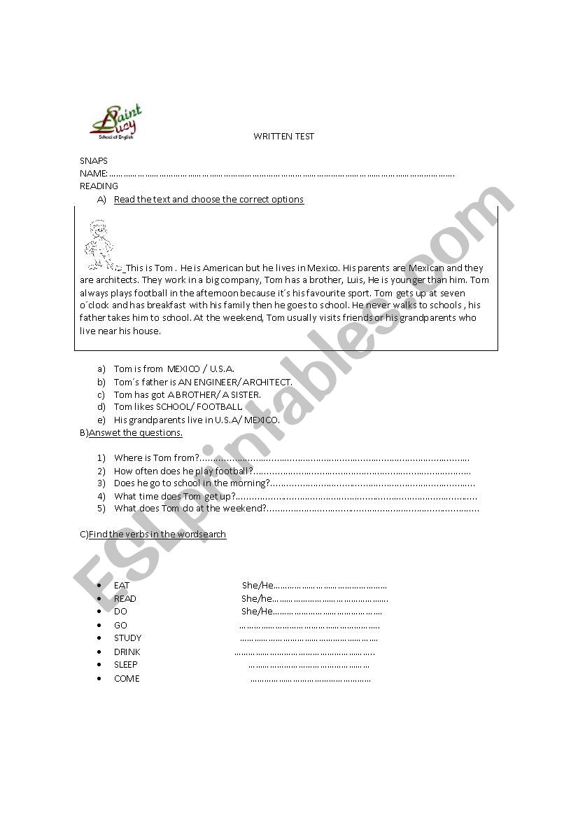 Written Test present simple worksheet