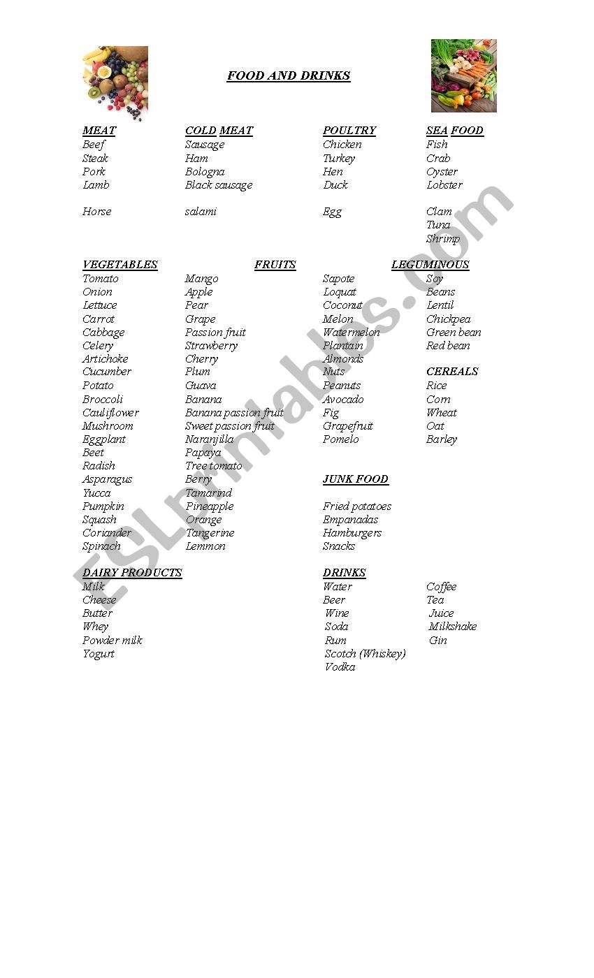 FOOD AND DRINKS worksheet