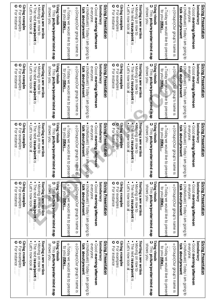 Giving Presentation cue cards worksheet