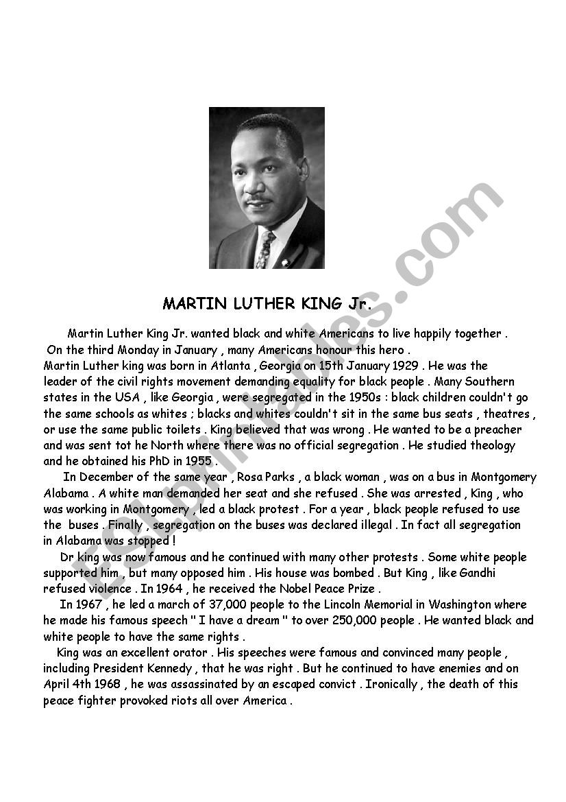 martin luther king worksheet