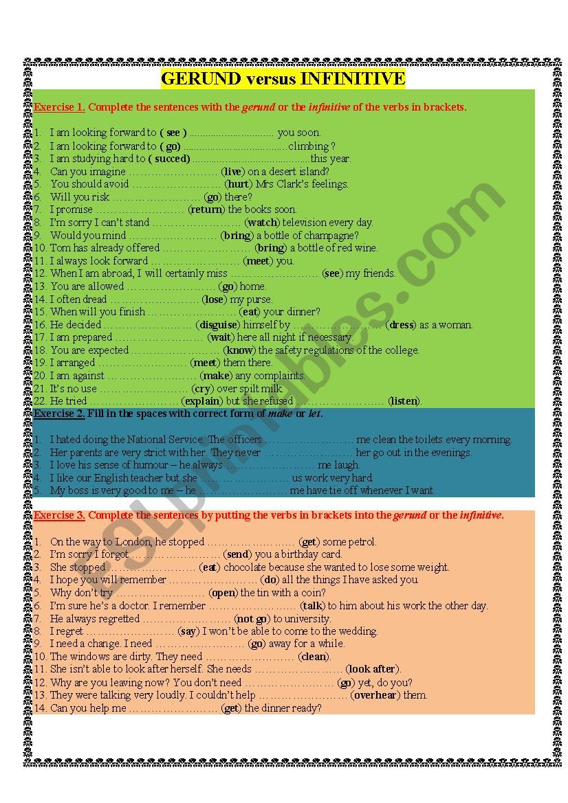 Gerund and infintive worksheet