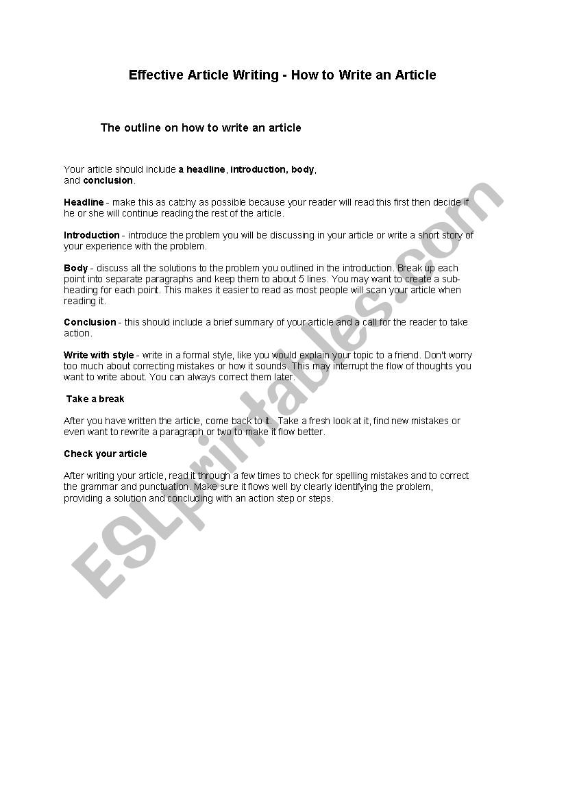 effective article writing worksheet