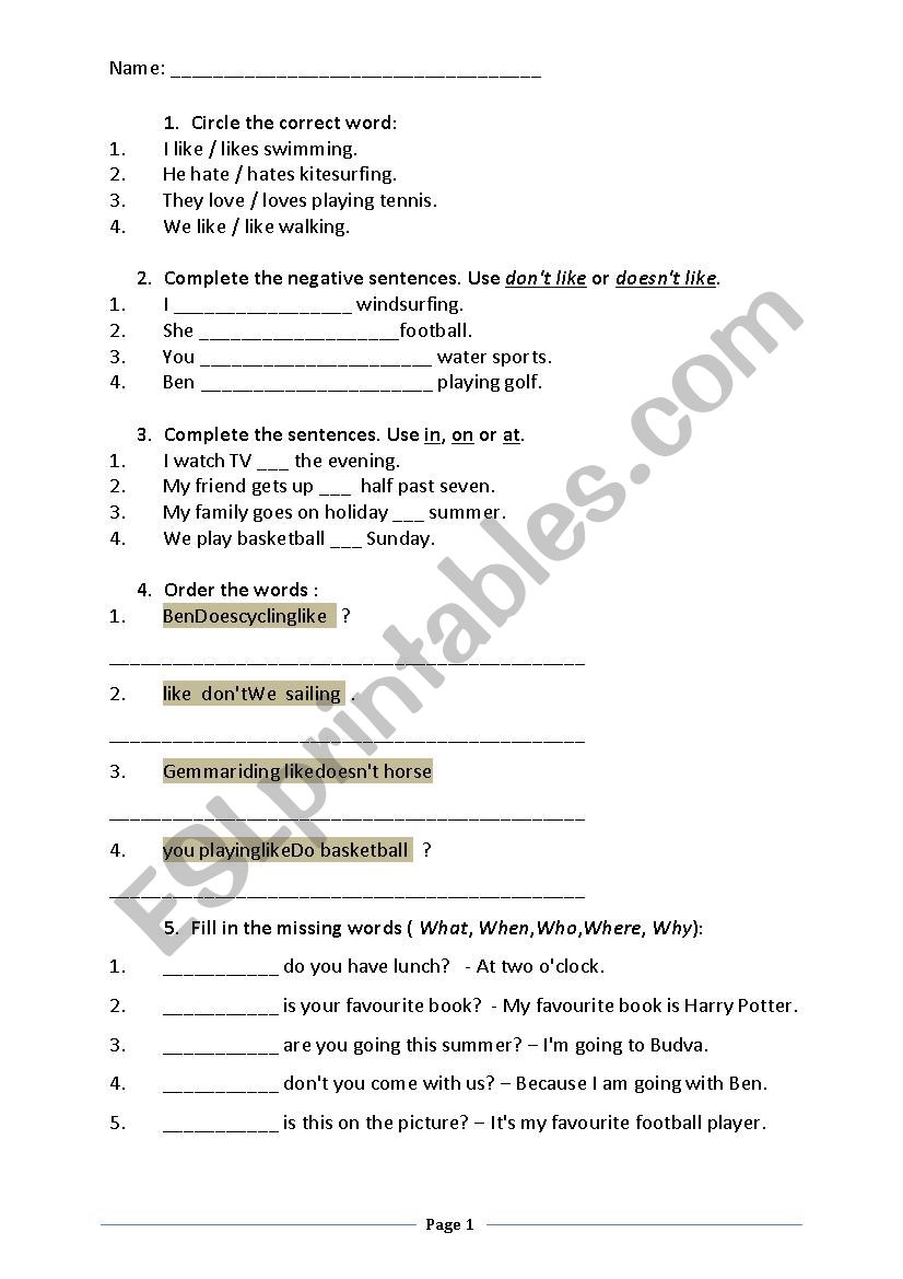 grammar test for 5th grade worksheet