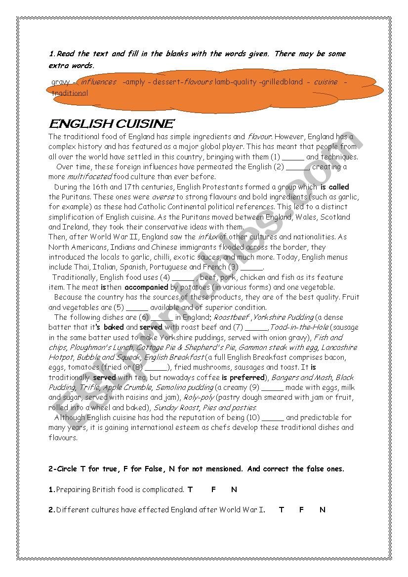 English Cuisine worksheet