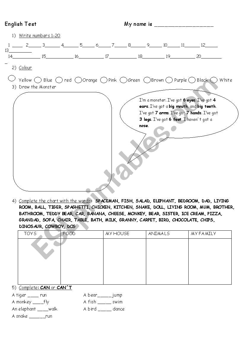 Elementary Test on numbers, colours, face and body, animals, family, house, toys,food, can and cant 