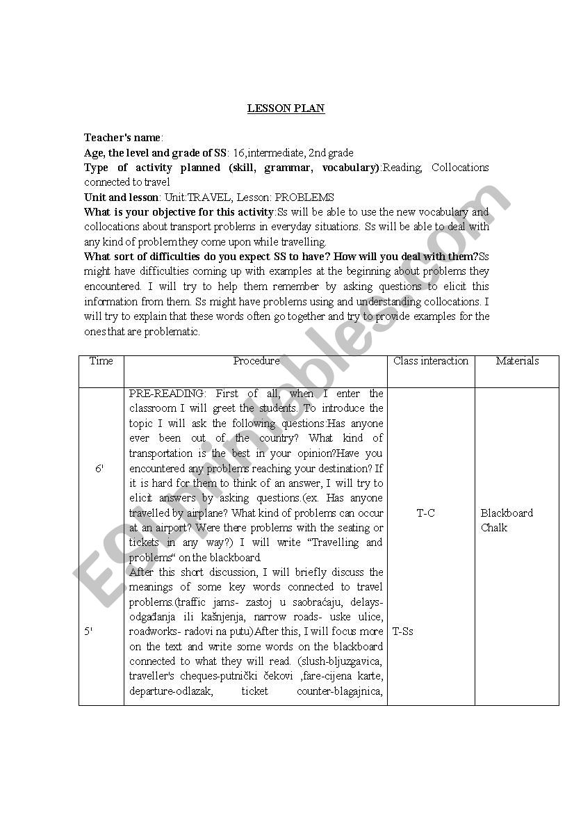 Lesson plan Reading worksheet