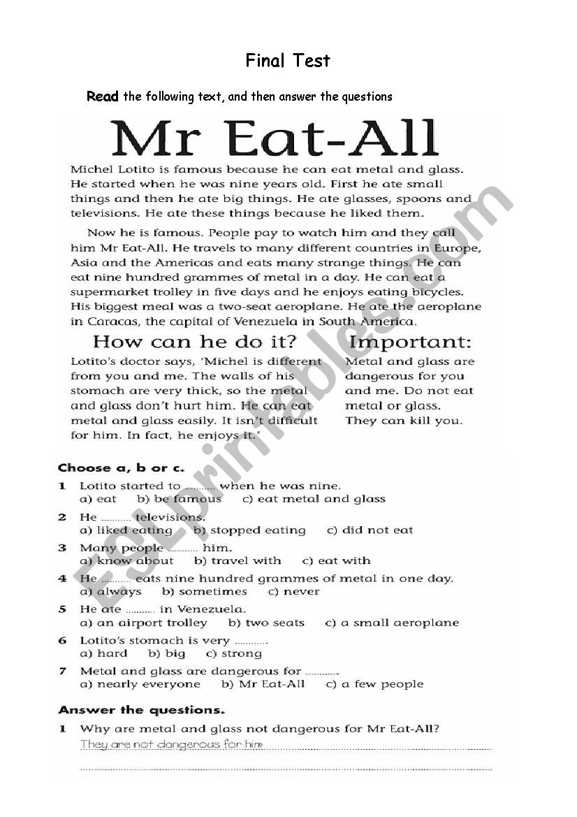 Test for Elementary worksheet