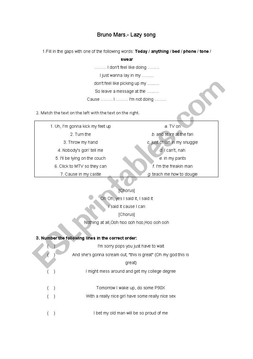 Bruno Mars Lazy song worksheet