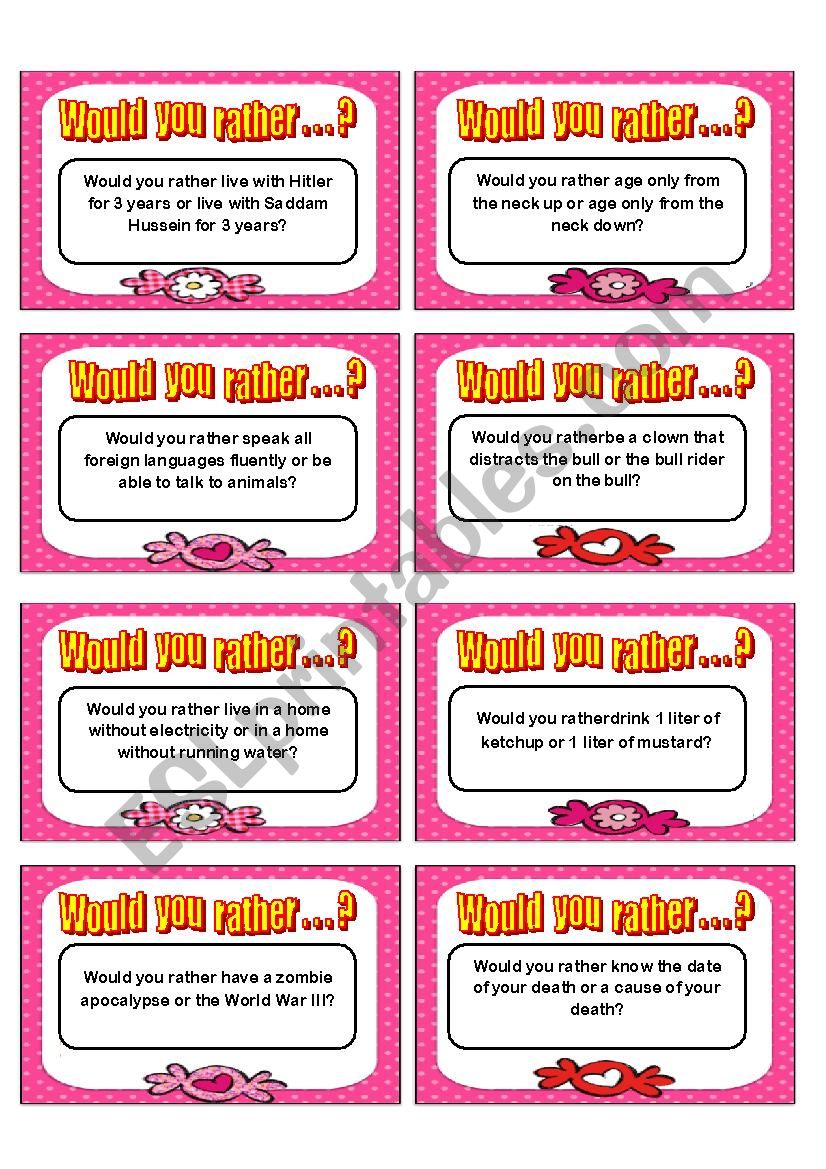 Would You Rather Card Game Speaking II ESL Worksheet By Mauro78