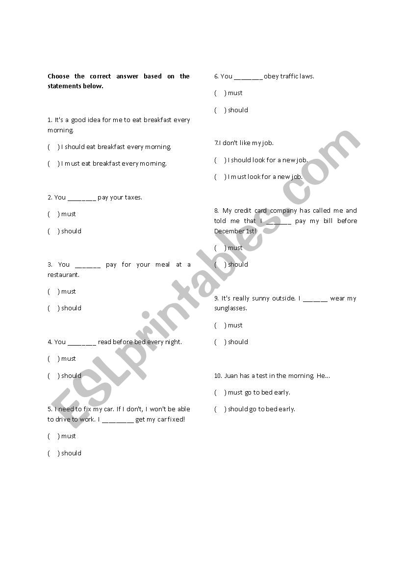 Modal Verbs worksheet