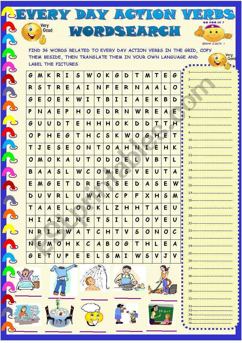 Ever day action verbs: wordsearch with key