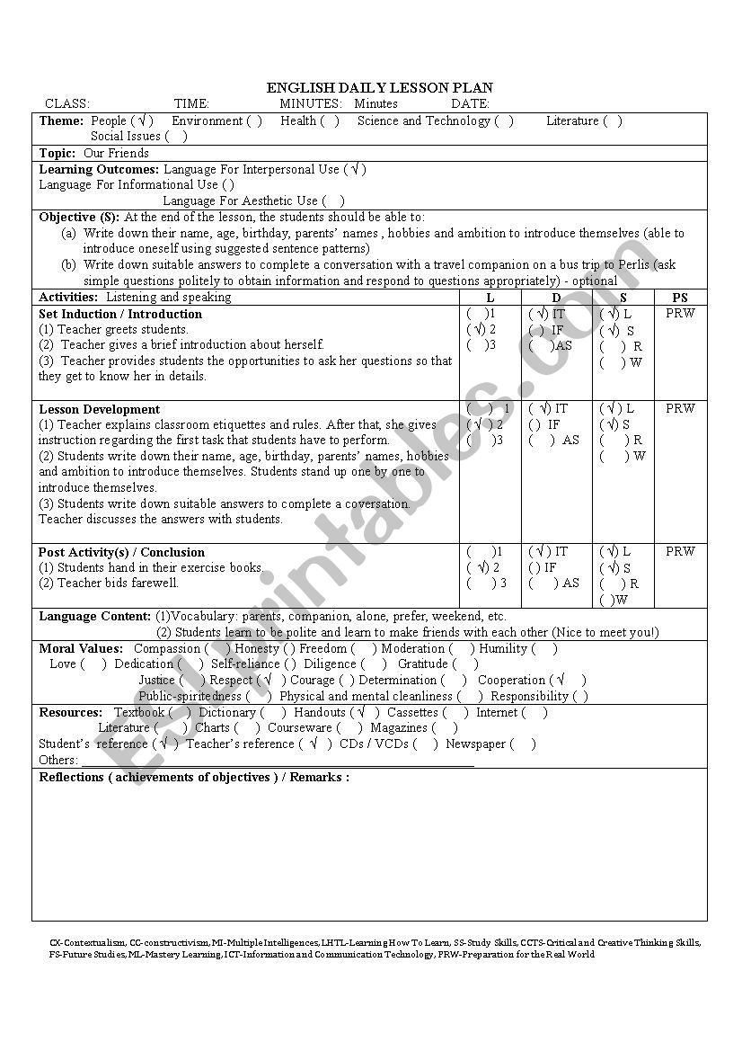 English daily lesson plan worksheet