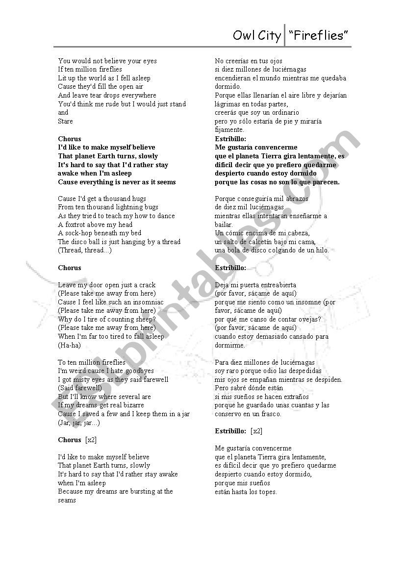 Fireflies (Owl City) worksheet