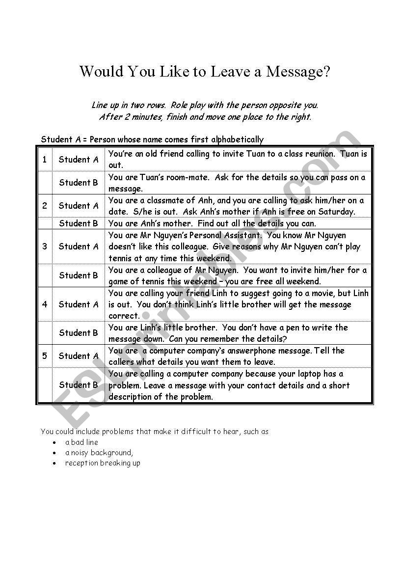 Leaving a Message worksheet