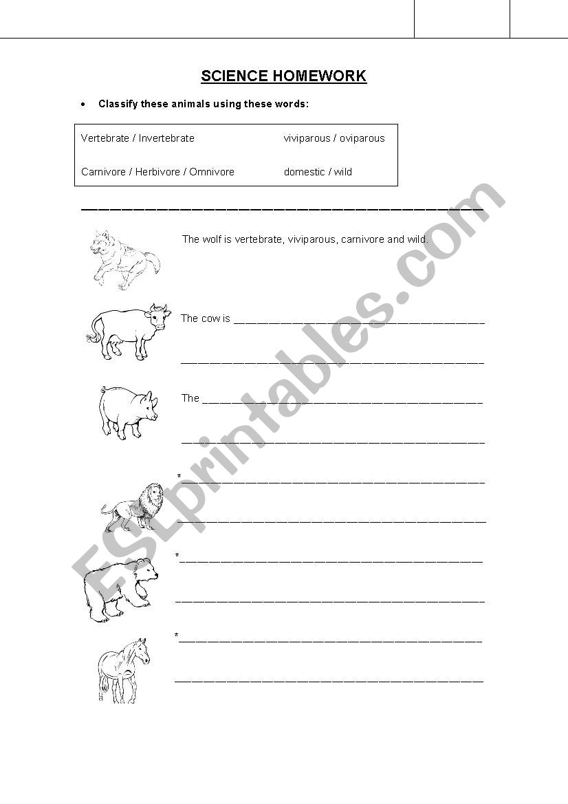 ANIMALS HOMEWORK worksheet