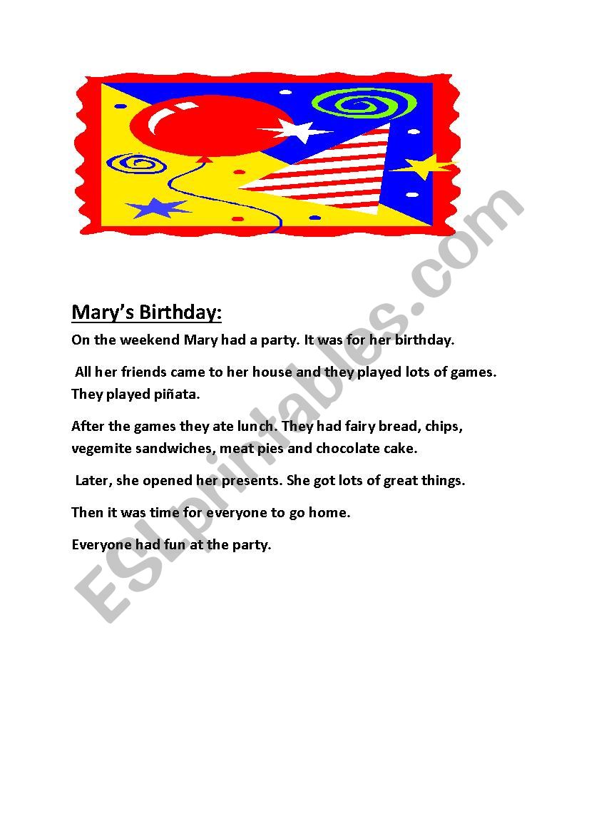 Marys Birthday (Recount) worksheet