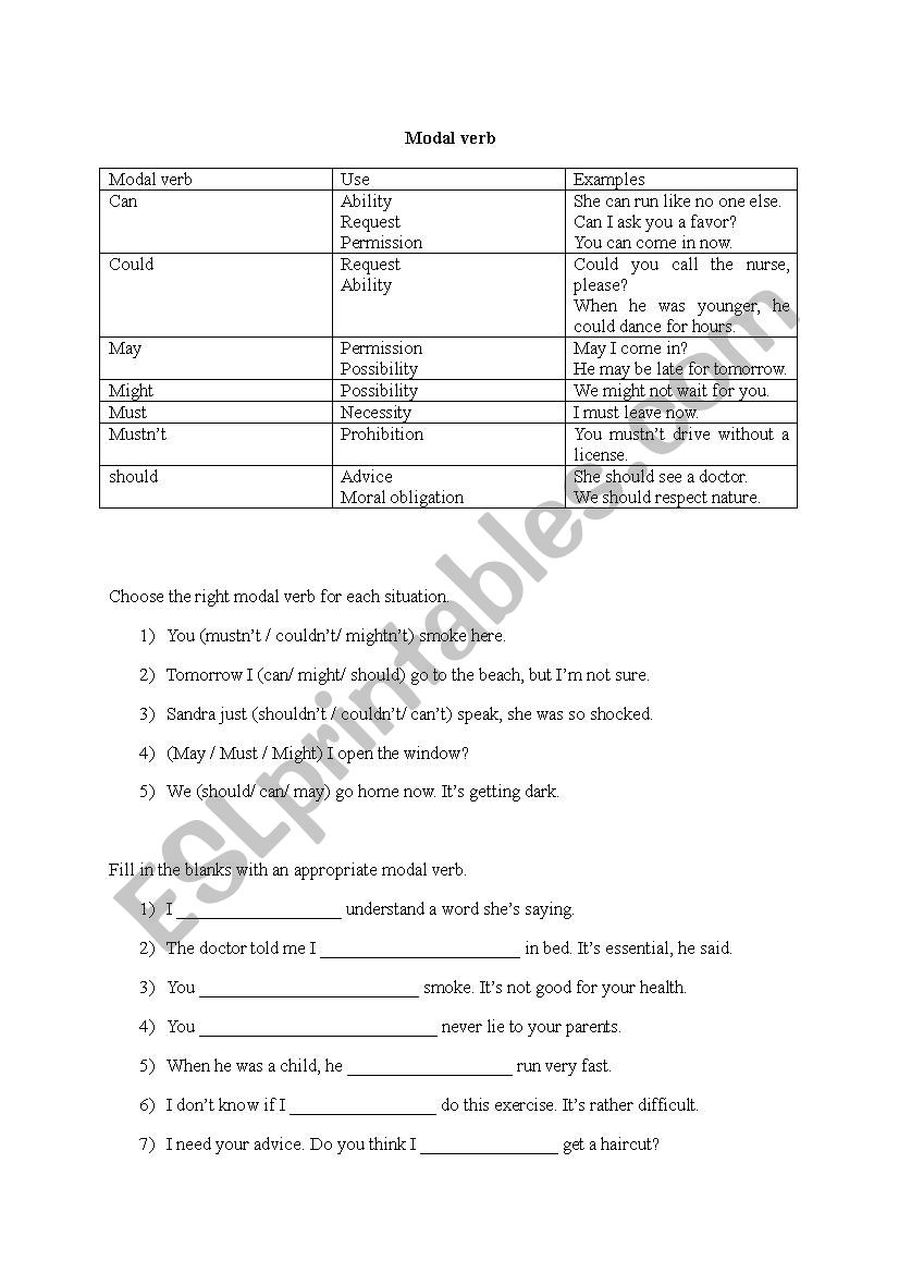 Modal verb worksheet worksheet