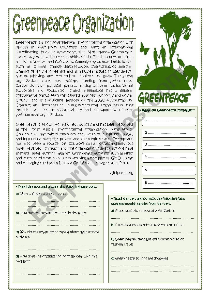 Green peace Organization worksheet