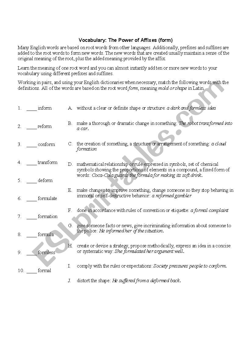 The Power of Affixes (form) worksheet