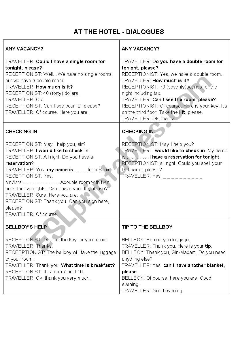 AT THE HOTEL worksheet