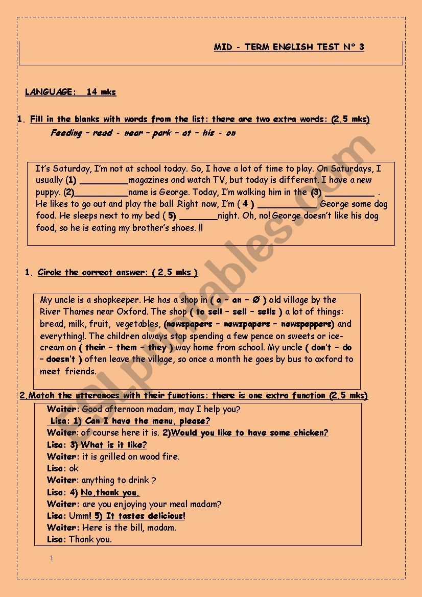 mid term test n3 -7th form worksheet