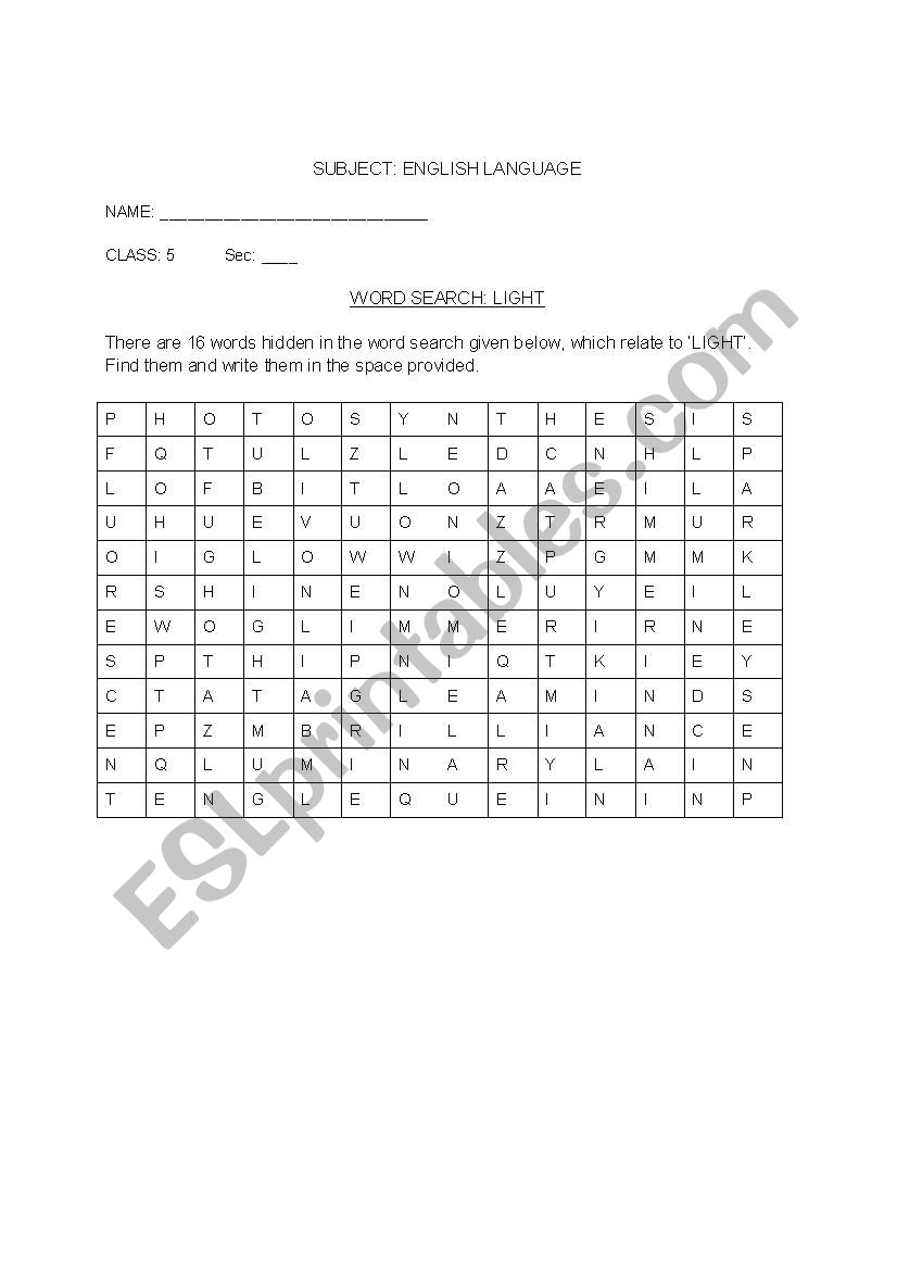 Word Search on Light worksheet
