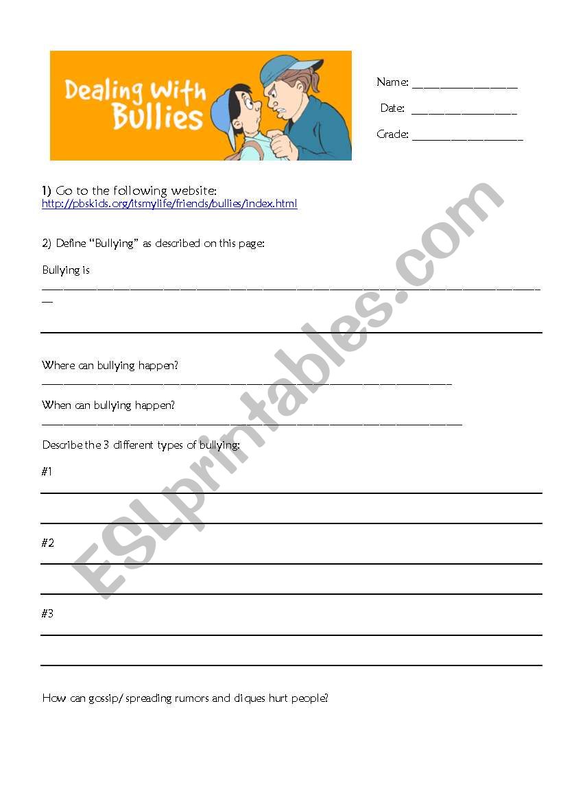 Bullying WebQuest worksheet