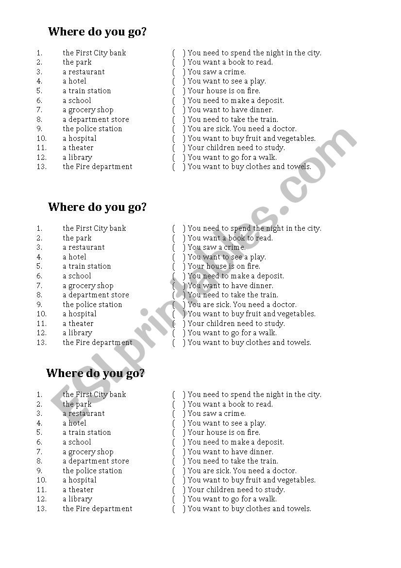Places - Where do you go when worksheet