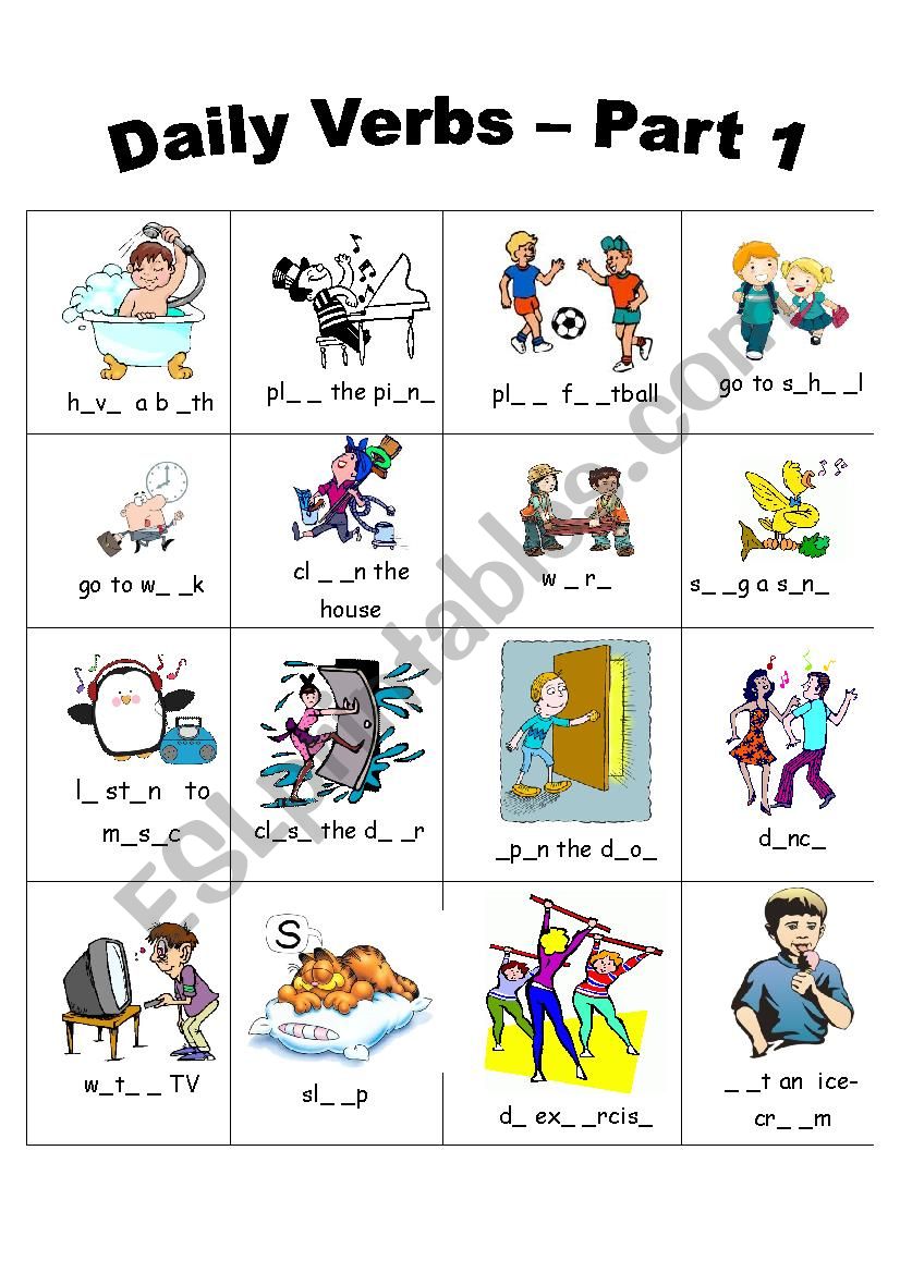 Action Verbs Fill in worksheet