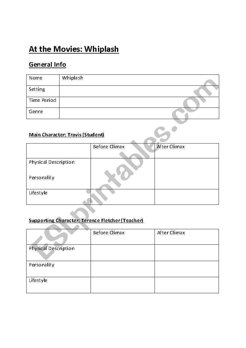 Movies: General Worksheet to Follow Characters and Plot