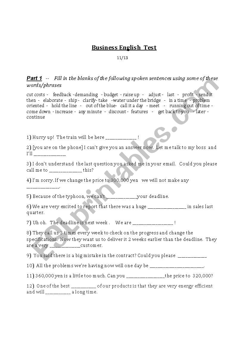 Business English Test worksheet