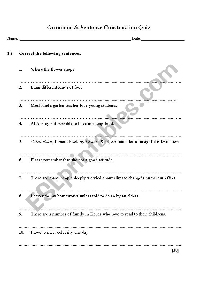 Sentence correction and construction worksheet