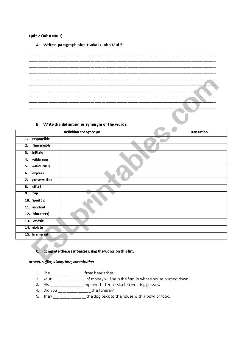 Vocabulary Quiz 1 worksheet