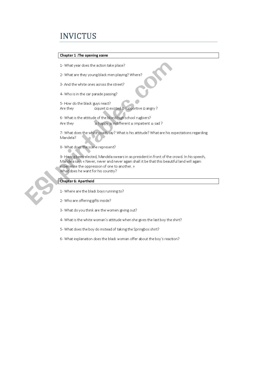 Invictus Main scenes worksheet