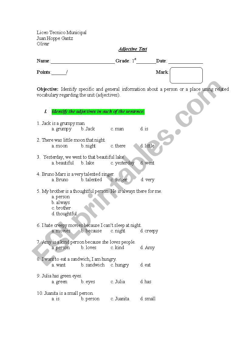 Test with Adjectives worksheet