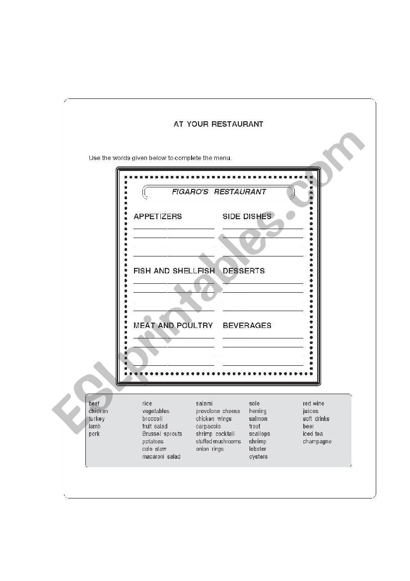 food  worksheet