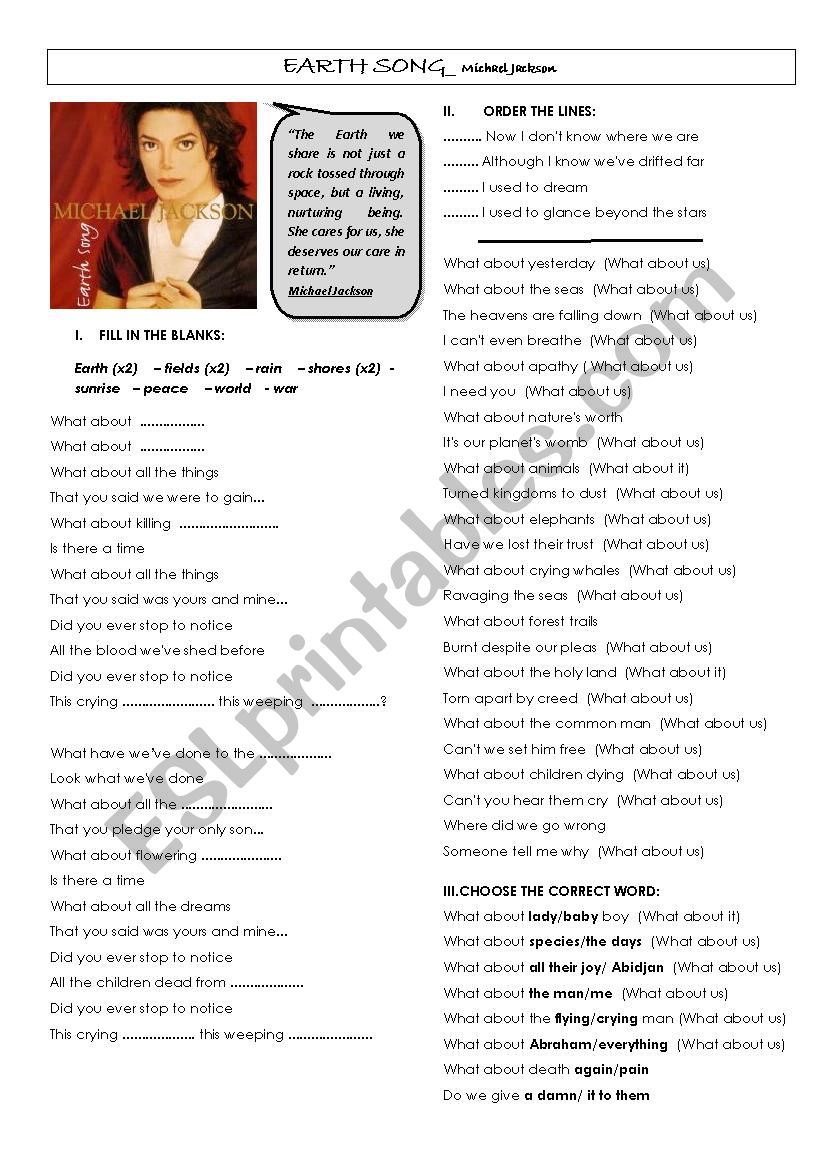 Michael Jackson- Earch Song Listening exercises