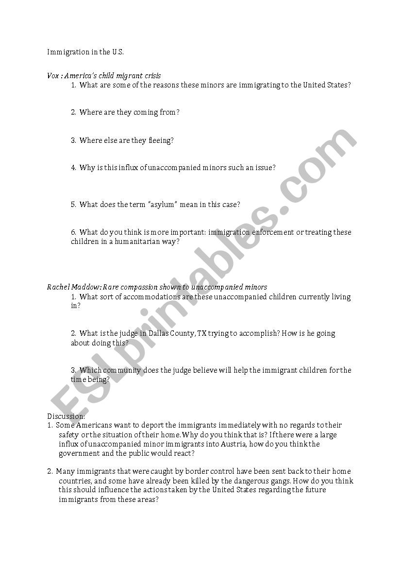Youth Immigrants in America worksheet