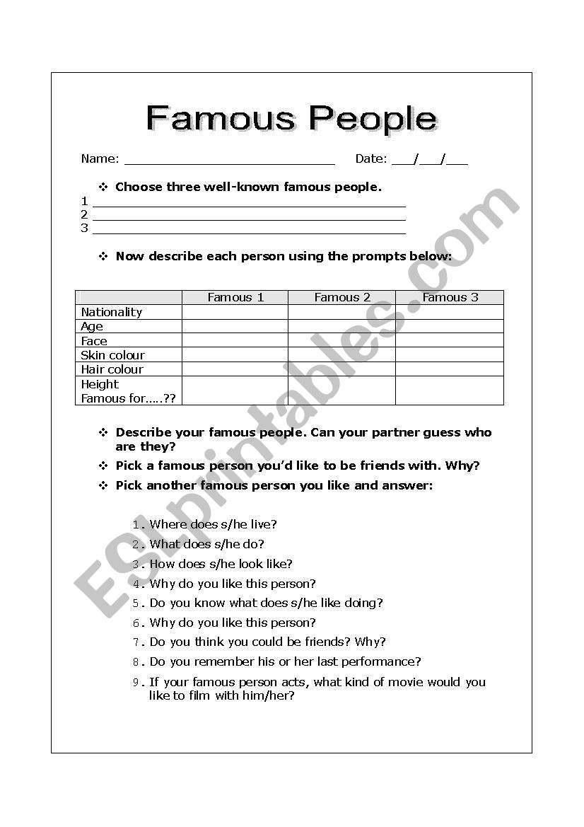 Describing people worksheet