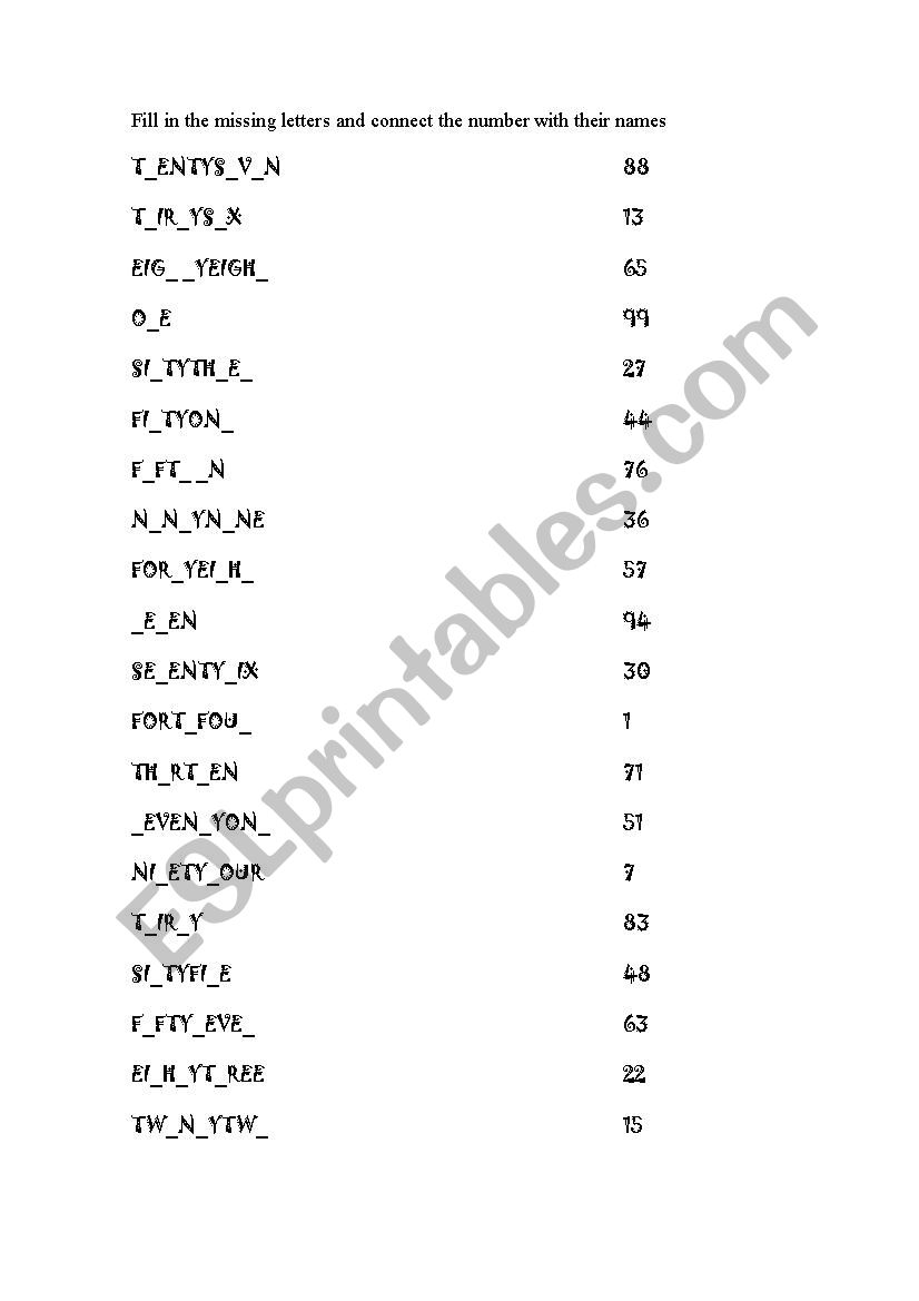 Work sheet fill in gap numbers 1