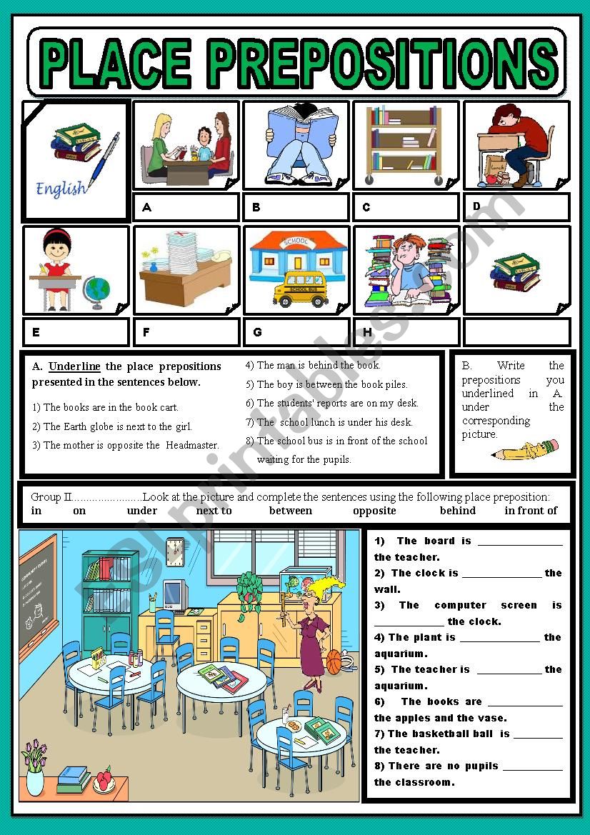 Place prepositions in school worksheet