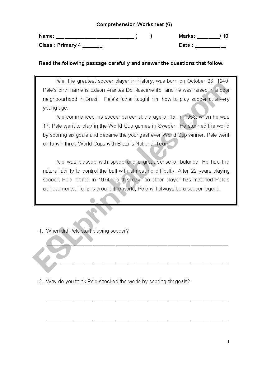 soccer pele  worksheet