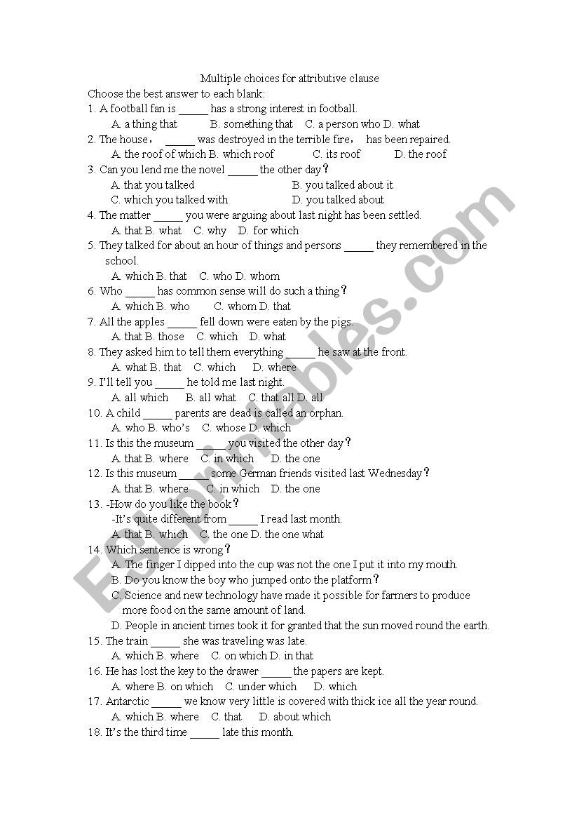 multiple choices for attributive clause