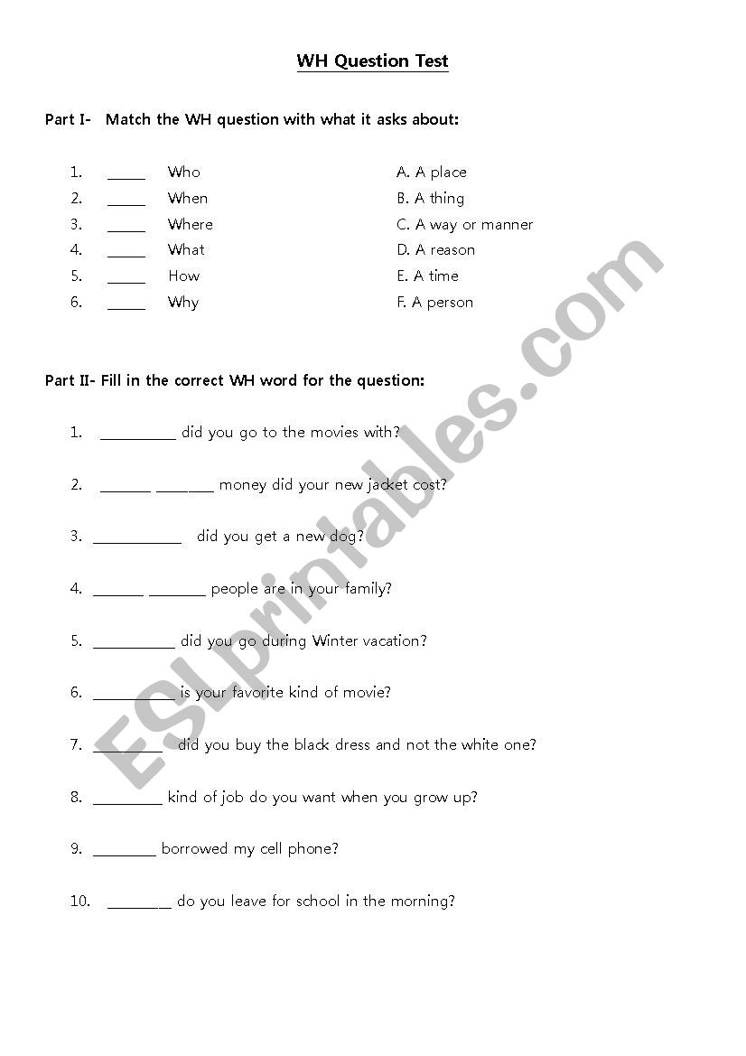 WH Question Test worksheet