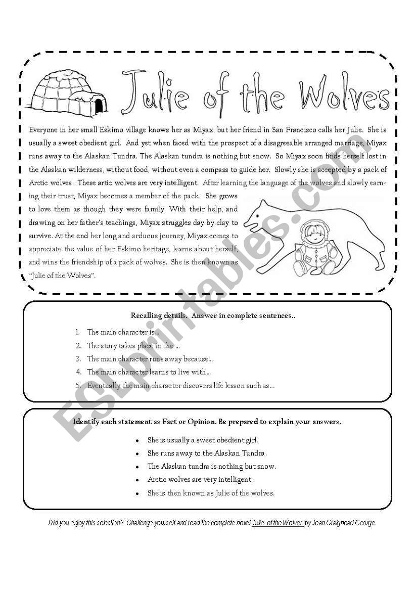 Julie of the Wolves worksheet