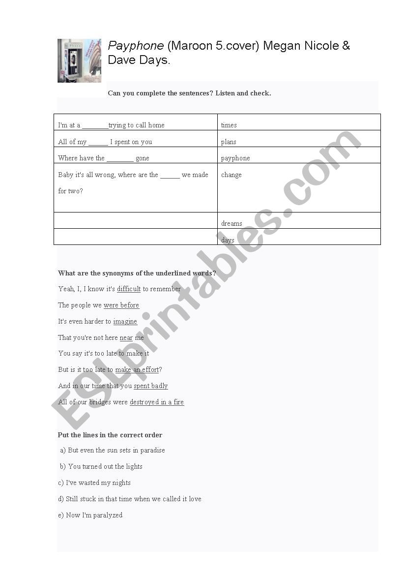 Payphone  worksheet