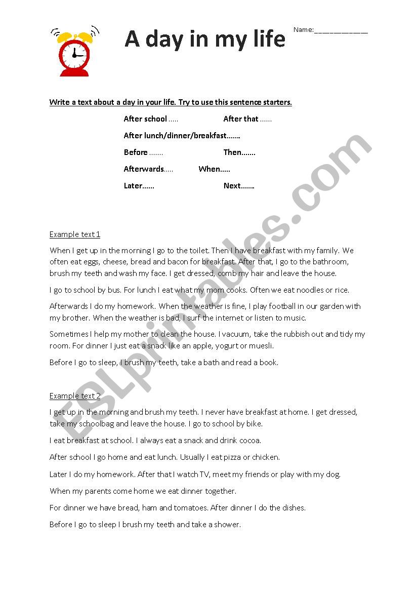 A day in my life worksheet